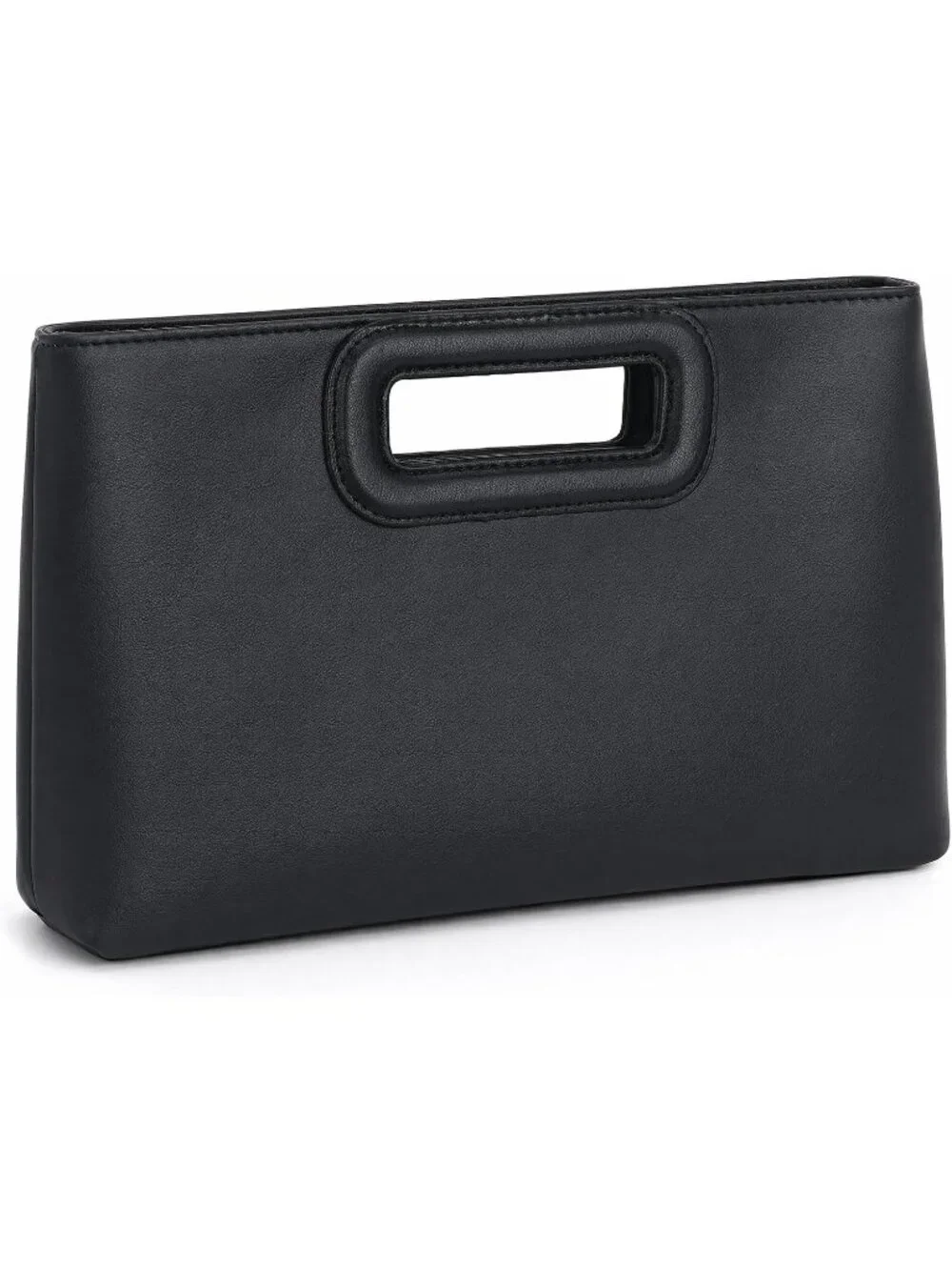 Women's Black Clutch Handbag Modern Faux Leather with Metal Handle Evening Bag